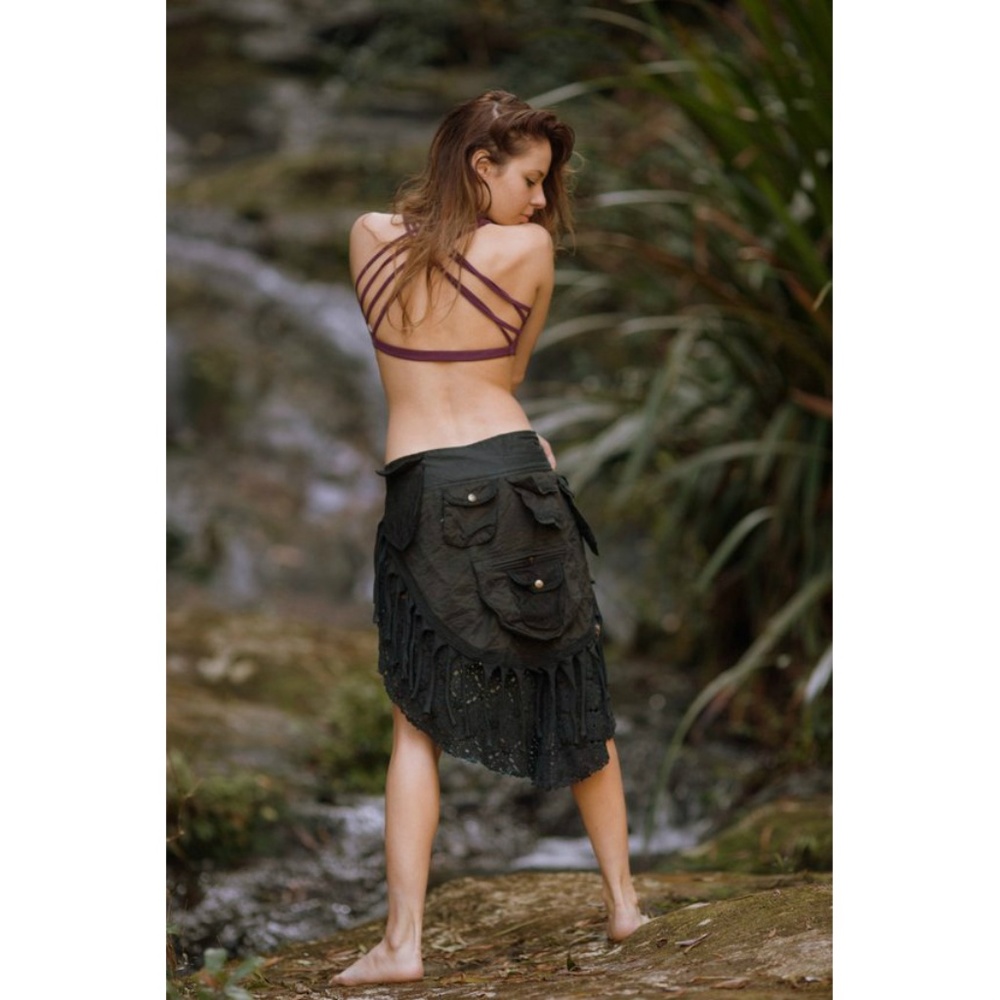 Patchwork Pocket Skirt Black Festival Clothing